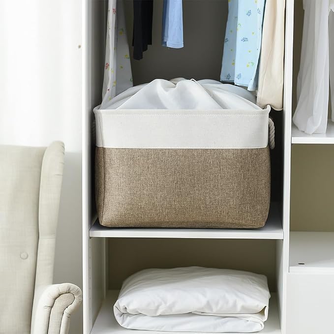 Organization Basket - 20x16x14 inch Jumbo 3 Pack Collapsible Storage Bins for Shelves, Fabric Storage Cubes for Closet Organizer Gift Toy (White & Khaki) - Image 2