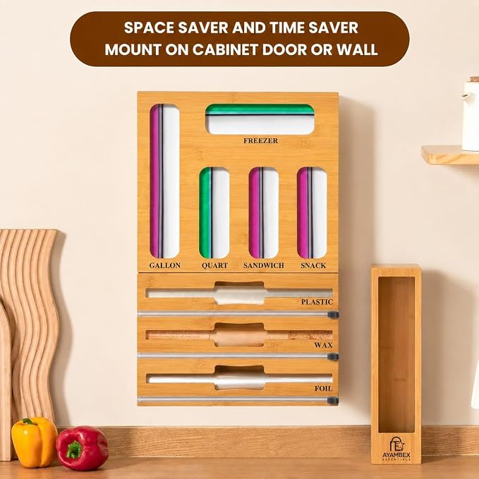 9-in-1 Bamboo Kitchen Drawer Organizer - Storage Bag Holder with Built-In Foil & Wrap Cutter Dispenser - Wooden Food Storage Bag Organizer for Gallon, Quart, Sandwich and Snack Sizes - Image 7