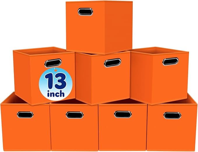 Fabric Cubby Storage Bins,13x13x13 Inches,Cube Organizer Bin Foldable Storage Boxes with Dual Handles Fabric Organizer Box and collapsible Storage basket,Set of 8,Orange by Yunkeeper