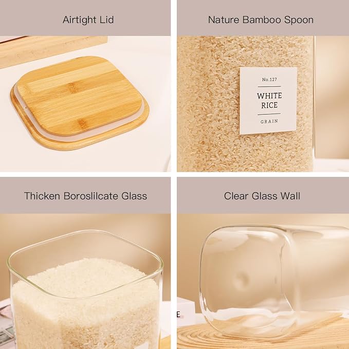 2 Pack large Square Glass Flour and Sugar Containers with 132 Kitchen Pantry Labels - 149 floz & 71 floz - Glass Jars with Airtight Bamboo Lid - Glass Rice Canisters for Coffee, Pasta, Cookie, Cereal - Image 4