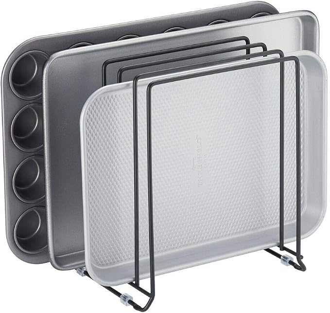 mDesign Pot Lid and Pan Rack — Metal Wire Rack for Cabinets, Pantries or Kitchen Surfaces — Freestanding Pan Stand with 5 Slots for Pans, Pots, Lids and Crockery — Black by mDesign