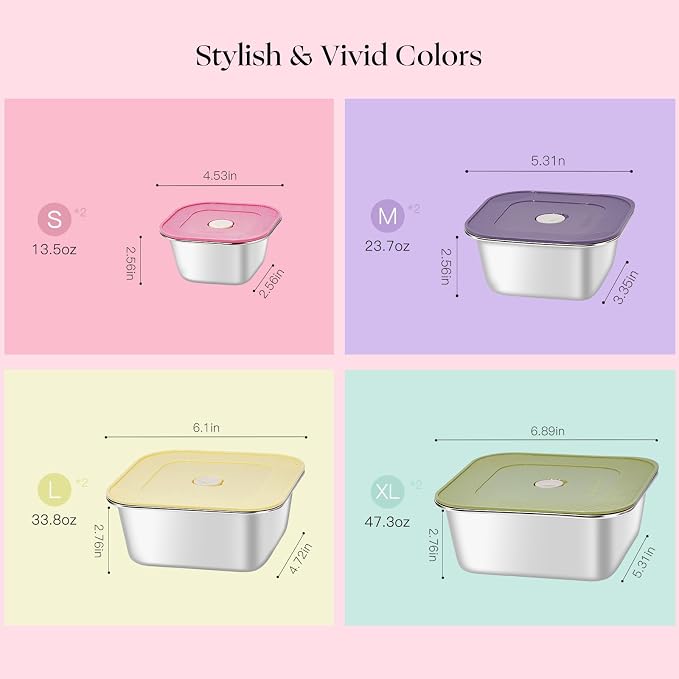 8-Piece Stainless Steel Food Storage Containers Set with 4 Colorful Lids – Airtight & Leakproof for Meal Prep, Lunch, Leftovers – BPA-Free, Dishwasher Safe – Durable Kitchen & Office Organizers - Image 2
