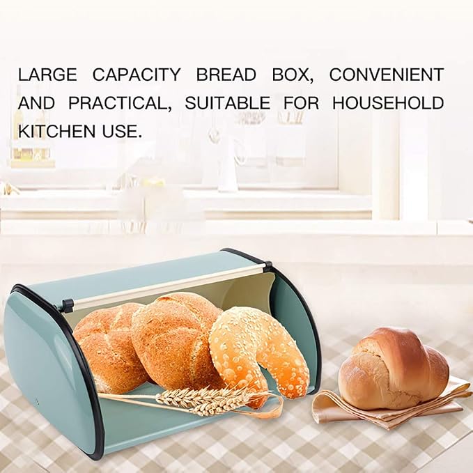 Metal Bread Storage Container, Large Capacity Vintage Roll Top Bread Box Bread Holder Bread Dispenser Kitchen Countertop Box for Kitchen Bread Storage 13.6 * 9.1 * 5.7 in (Blue) - Image 3