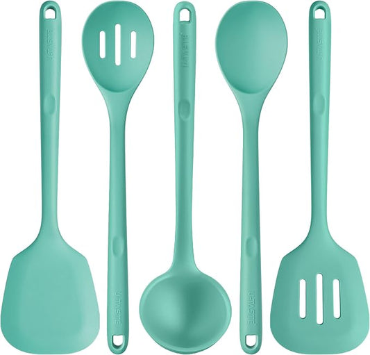 U-Taste Silicone Kitchen Cooking Utensil Set of 5, 13.6" Long, Aqua Sky | 600ºF Heat Resistant Food Grade Kitchen Tools&Gadgets, Extra Long Wide Spatula Turner Spoon Ladle for Serving Mixing Stirring by U-Taste
