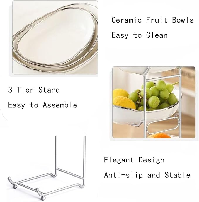 3-Tier Fruit Bowls for Kitchen Counter,Ceramic White Bowl with Sliver Metal Stand,3 Tier Fruit Basket for Fruit,Snack,Cake,Nuts,Dessert Storage - Image 3