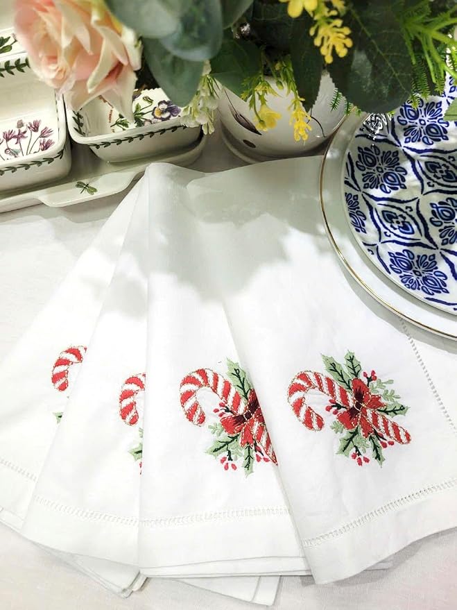 Embroidered Cloth Napkin Red Candy Cane and Holly Christmas Cotton Napkins Set of 6, 20x20 Hemstitch Table Napkins Machine Washable, Daily & Christmas, Great Present Ideas - Image 2