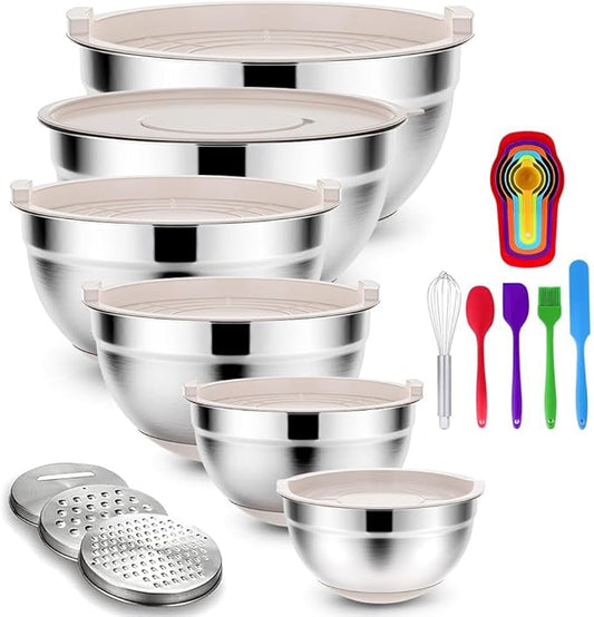 Rottay 20PCS Stainless Steel Mixing Bowls with Airtight Lids Set | Includes 3 Grater Attachments and Non-Slip Bottoms with Size 7, 4, 3, 2, 1.5, 1QT Nesting Bowls for Baking, Meal Prep by Rottay