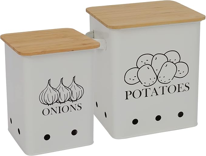 Kitchen Vegetable Storage Tins Set of 2, Onion and Potato Storage Bins with Wooden Lid and Aerating Holes, Garlic Bin Caddy, Vintage Kitchen Decor, White by Gdfjiy