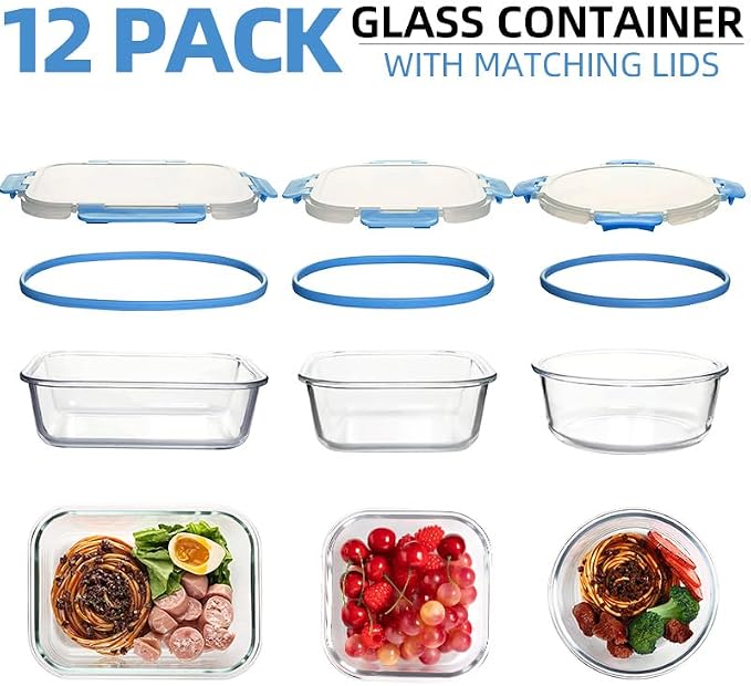 12 Pack Glass Storage Containers Transparent, Stackable Design Meal Prep Containers for Food Storage, Home, Kitchen & Pantry Organization, Microwave/Freezer/Dishwasher Safe - Image 3