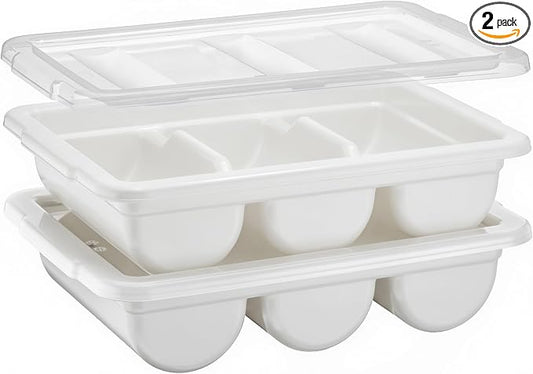 2 Pack - Cutlery Bin with Lid, Commercial 3-Compartment Flatware Tray with Cover, Silverware Storage Plastic Container, Restaurant Condiments Holder, Covered Utensil Organizer Box, White by Zilpoo