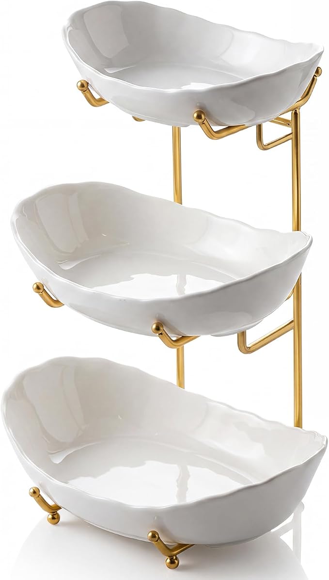GIRAVO 3 Tier Ceramic Fruit Bowl with Metal Stand, Tiered Countertop Fruit Basket, Serving Tray Stand for Kitchen Counter, Fruit & Vegetable Storage, White Bowls with Gold Rack by Unknown