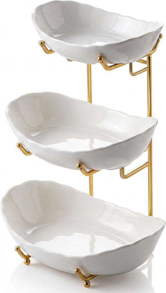 GIRAVO 3 Tier Ceramic Fruit Bowl with Metal Stand, Tiered Countertop Fruit Basket, Serving Tray Stand for Kitchen Counter, Fruit & Vegetable Storage, White Bowls with Gold Rack by Unknown