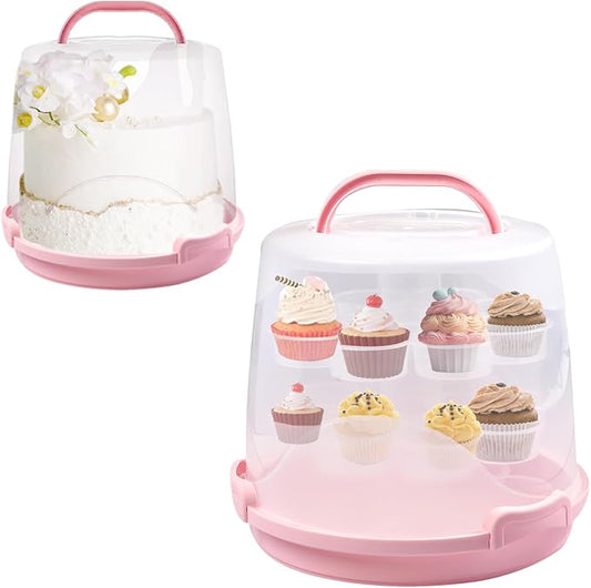 Cake Carrier Round Cake Stand Plus Height Cake Container with Cupcakes Pad, Handle, Lid Reusable Package Box for Transporting Desserts,Pie,Toast,Fruit (10" Pink) by HomDSim