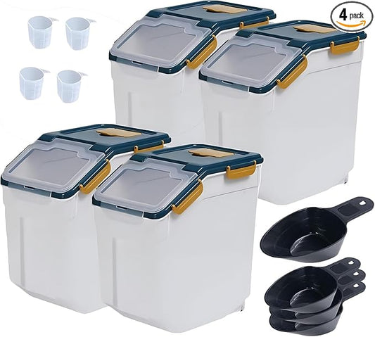 AnRui Large Flour Storage Containers 25Lbs Airtight Rice Storage Container BPA Free Kitchen Pantry Food Storage Bin Sugar Snack Cereal Grain Organizer Box with Wheel, Scoop, 4Pack, Blue by AnRui