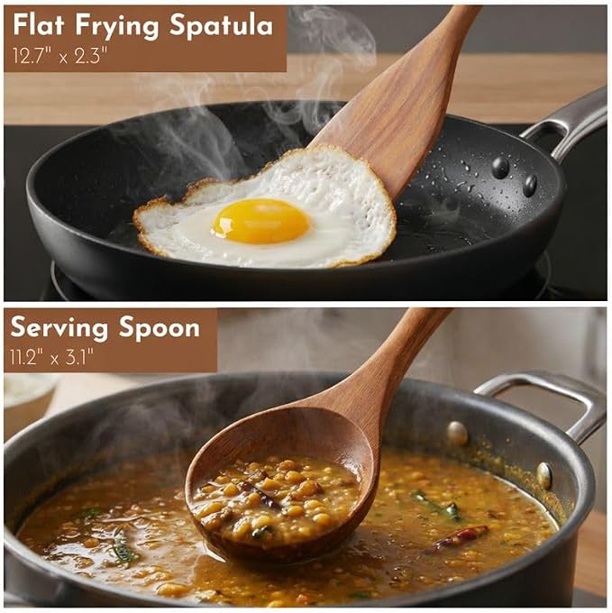 2 Piece Teak Wood Utensils Set– Flat Edge Turner & Serving Spoon – Non Toxic, Dishwasher Safe, Plastic Free Wooden Spatulas for Nonstick Pans – Essential Kitchen Utensils for Cooking" - Image 7