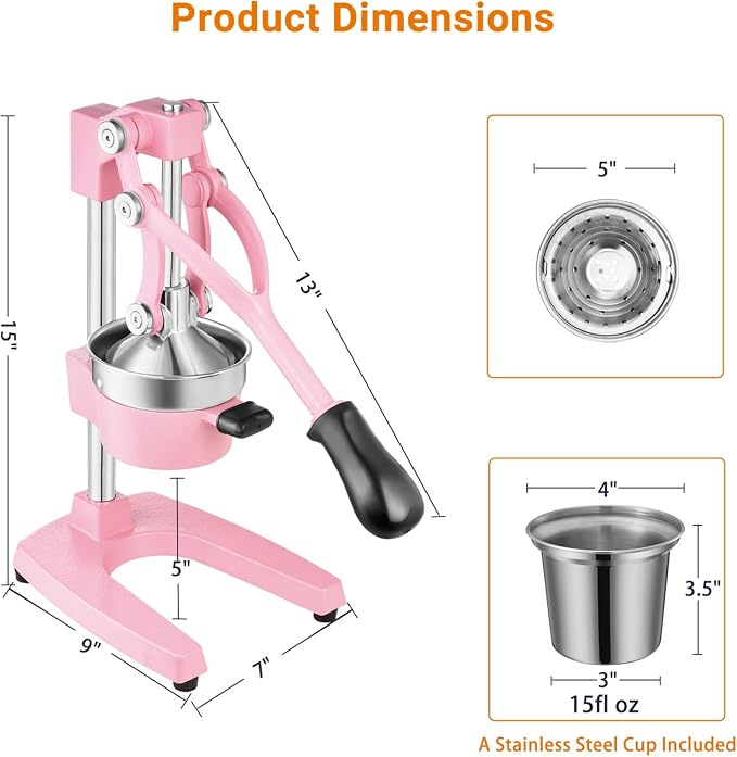 TONGCHANT Cast Iron Manual Juicer for Orange Lemon Lime Pomegranate &Citrus | Heavy Duty Orange Juicer Squeezer, Hand Press Juicer, Citrus Press, Stainless Steel Cup, Easy to Clean, Pink - Image 4