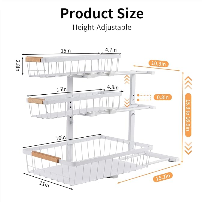 3 Tier Grid Pull Out Organizer White 2 Pack Sliding Rack | White grid dual organizer set for stable multi layer storage in kitchen bathroom and under sink cabinet organization - Image 2