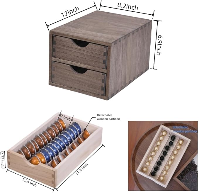DDYURI Drawer Organizer Coffee Pod Holder - Kitchen Cutlery Storage Accessories/ K-Cup Drawers with Detachable Wooden Partition - Coffee Capsules Organization Counter - Wood desktop Small Cabinets - Image 3
