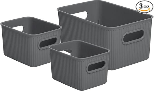Superio Ribbed Collection - Decorative Plastic Basket Open Home Storage Bins Organizer, Grey (Set of 3) 1 Medium, 2 Small - Container Boxes for Organizing Closet Storage Bins for Shelves Drawer Shelf by Superio