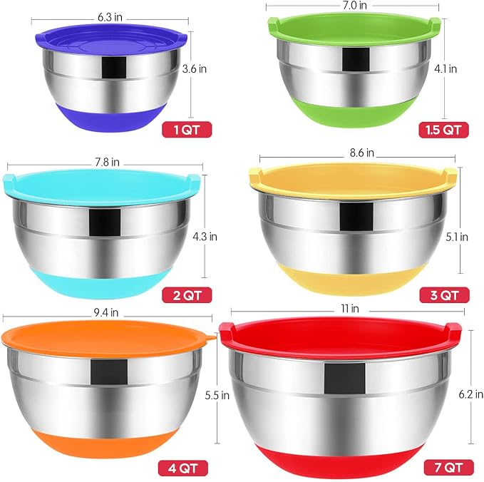 Rottay 20PCS Stainless Steel Mixing Bowls with Airtight Lids Set | Includes 3 Grater Attachments and Non-Slip Bottoms with Size 7, 4, 3, 2, 1.5, 1QT Nesting Bowls for Baking, Meal Prep - Image 5