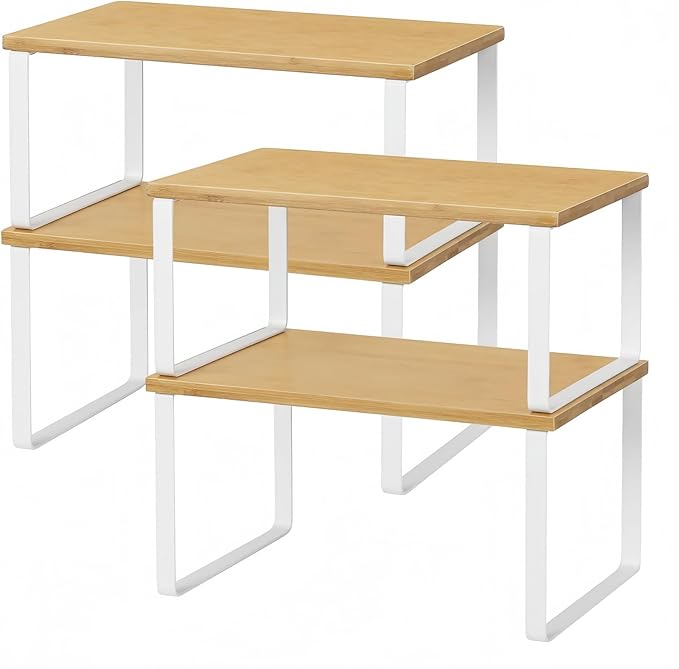 NEX Bamboo Kitchen Cabinet and Counter Shelf Organizer, Stackable & Expandable, Set of 4, White and Natural | Stackable & Expandable Spice Rack, Space-Saving Pantry Organizers Bathroom Countertop Storage, White and Natural by NEX