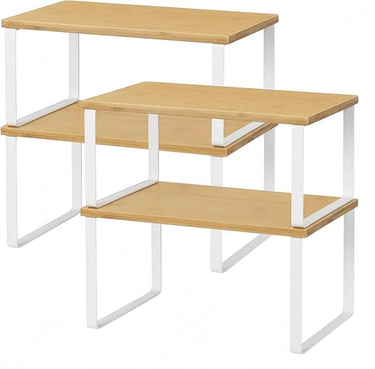 NEX Bamboo Kitchen Cabinet and Counter Shelf Organizer, Stackable & Expandable, Set of 4, White and Natural | Stackable & Expandable Spice Rack, Space-Saving Pantry Organizers Bathroom Countertop Storage, White and Natural by NEX