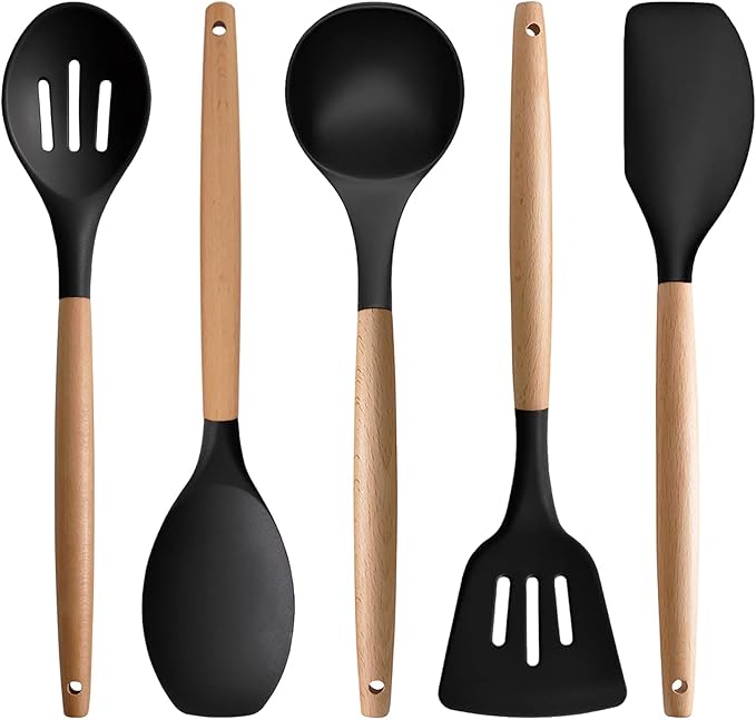 Silicone Cooking Utensils Set of 5, Heat Resistant Silicone Kitchen Utensils Set with Wooden Handle, BPA Free Spatula Spoon Turner Ladle Cooking Kitchen Gadgets for Nonstick Cookware & Baking by IOCBYHZ