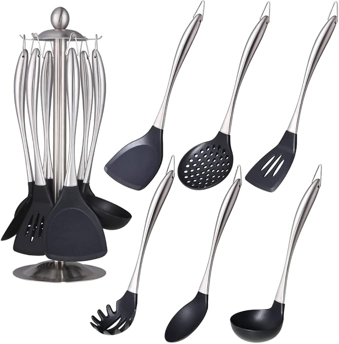 Silicone Cooking Utensil Set, 6 pcs Silicone Cooking Kitchen Utensils Set, Non-stick Kitchen Cookware Titanium Stainless Steel Handle with Utensil Holder, Spatula Set for Cooking -Silver by QOBIMOON