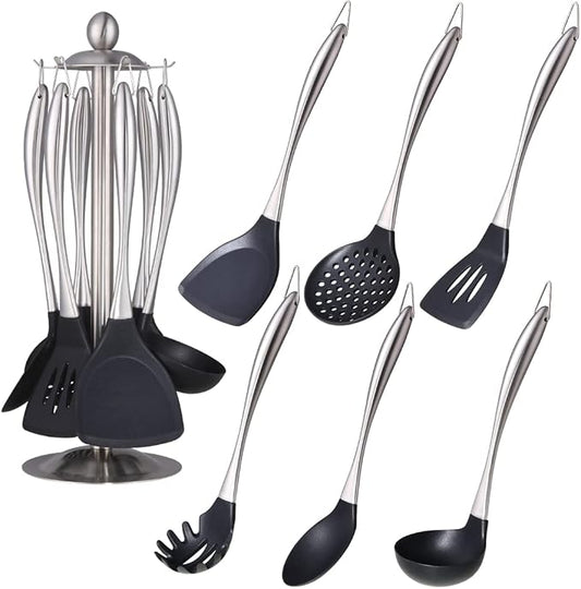 Silicone Cooking Utensil Set, 6 pcs Silicone Cooking Kitchen Utensils Set, Non-stick Kitchen Cookware Titanium Stainless Steel Handle with Utensil Holder, Spatula Set for Cooking -Silver by QOBIMOON