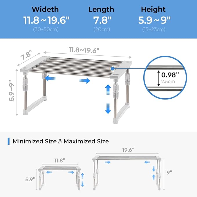 2Pack Expandable Cabinet Organizer 11.8~19.6 x 7.8 x 6~9 - Black | Width & Height-adjustable Kitchen Cabinet Organizer Shelf, Stackable Kitchen Counter Shelf - Image 3