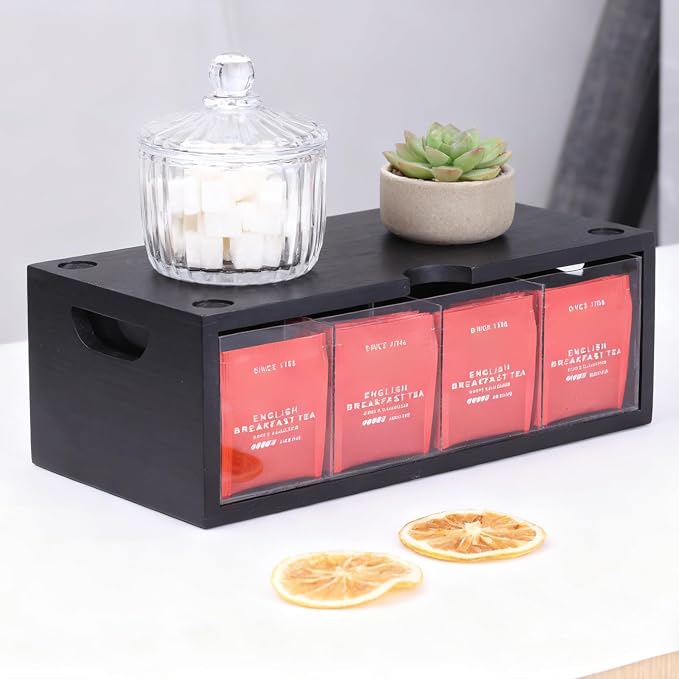 Bamboo Stackable Tea Bag Organizer - 2-Piece Large Capacity Box Set | 2-piece stackable tea box set with large capacity. Eco-friendly bamboo organizers to neatly store tea bags and sugar packets - Image 5