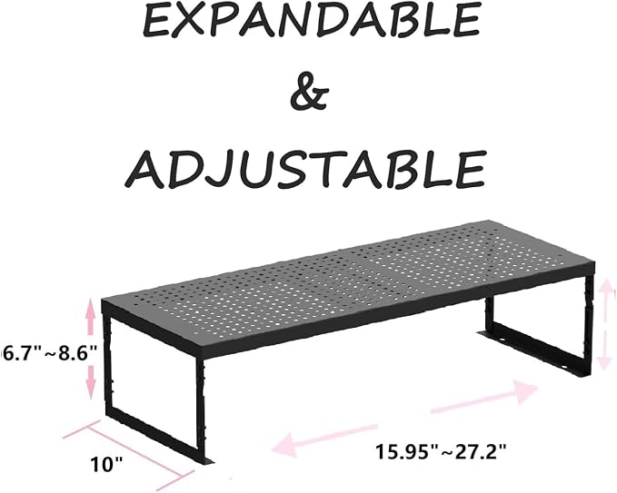 Stackable Expandable Metal Shelf Organizer - Adjustable Wire Storage Rack with Holes for Kitchen, Bathroom, Cabinet, Office - Space Saving, Durable & Sturdy Design（2PACKS/Large/Black - Image 3