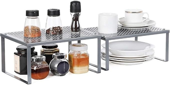 SONGMICS Spice Racks, Set of 2 Metal Cabinet Shelf Organizers, Countertop Organizers, Shelf Risers, Stackable, Expandable, Silver UKCS01SV (Pack of 2) - Image 5