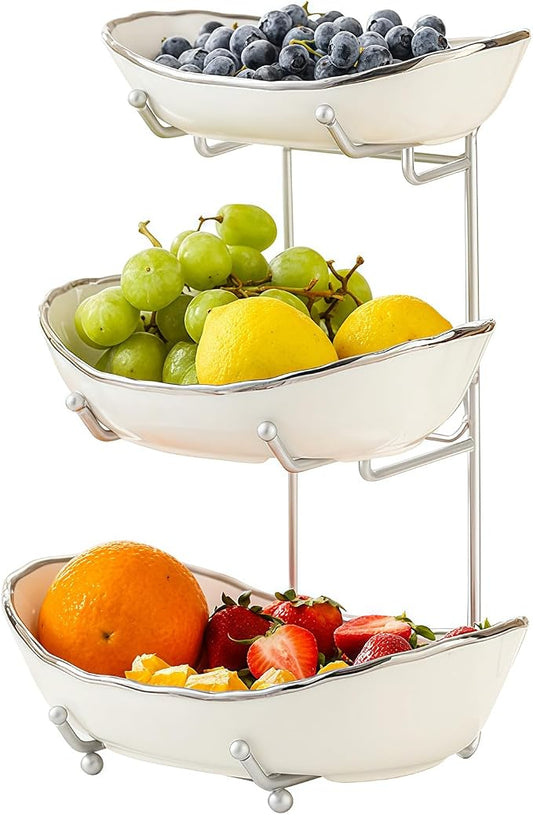 Ceramic Fruit Bowl for Kitchen Counter - 3 Tier Fruit Basket with Metal Stand, Tiered Fruit Stand for Countertop, Snack, Nuts, Cake, Dessert, Cute (Silver-rimmed, Small) S1 by MakeYourHomeCozier%EF%BC%81