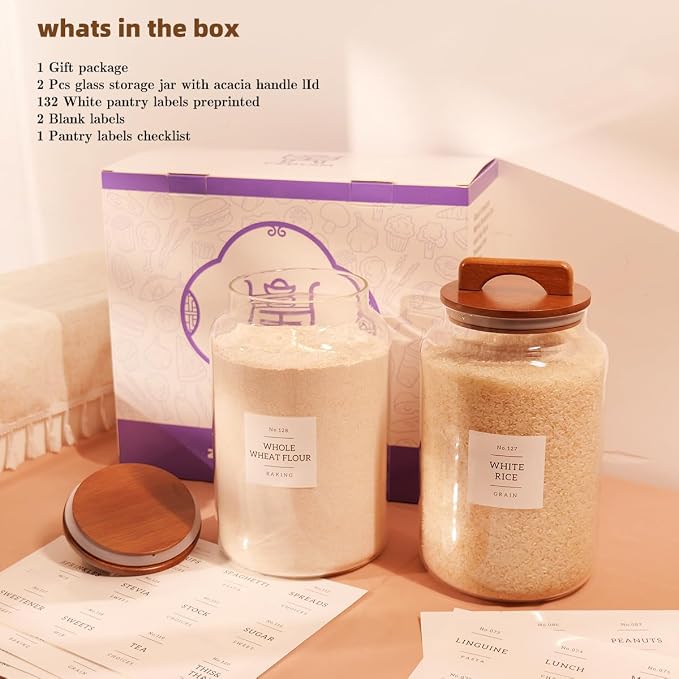 2 Pack Large Glass Flour and Sugar Containers with 132 Pantry Labels - 1 Gallon Glass Canisters with Bamboo Airtight Lids - Farmhouse Glass Cookie Jars for Rice, Pasta, Cereal, Bath Salt - Image 2