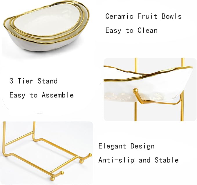 3-Tier Fruit Bowls for Kitchen Counter,White Ceramic Bowl with Gold Metal Stand,3 Tier Fruit Basket for Fruit,Snack,Cake,Nuts,Dessert Storage - Image 3
