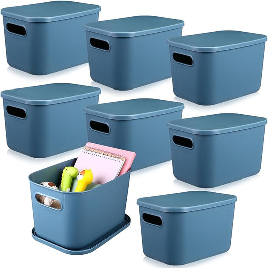 8 Pieces Colorful Storage Bins with Lid, Plastic Storage Basket Organizing Container Stackable Box with Handle for Shelves Desktop Playroom Office(16.1 x 12.0 x 9.7 Inch,Blue) by Hoolerry