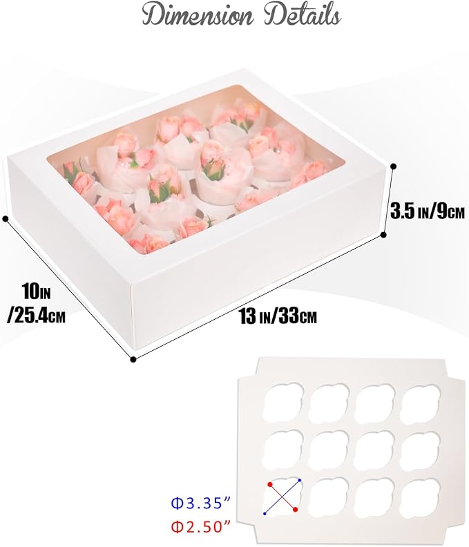 qiqee Auto-pop Up Cupcake Boxes with Window White 40PCS 12 Count Cupcake Box 13"x10"x3.5" Cupcakes Carrier, 12 Cupcake Containers with 2 rolls of pink ribbons - Image 5