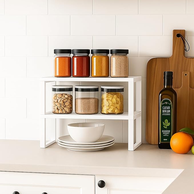 Sben Cabinet Organizer Shelf, Set of 2 Kitchen Counter Shelves, Kitchen Storage, Spice Rack, Stackable, Expandable, Metal and Engineered Wood, White - Image 2