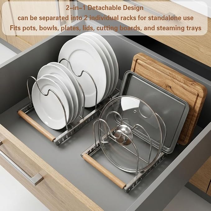 Stainless Steel Expandable Pot and Pats Organizer for Kitchen, Expandable Cookware Rack for Cutting Boards, Lids, Plate, Bowls, 304 SS 10 Adjustable Dividers Expanded Size 22.64" Lx7.28 Wx7.68 H - Image 4