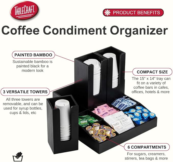 Tablecraft 12690 Coffee Condiment Organizer, 9 Compartments with 3 Removable Cup/Lid Holders, Bamboo Wood Painted Black, Ideal for Cafes, Breakfast Buffets, and Restaurants - Image 2