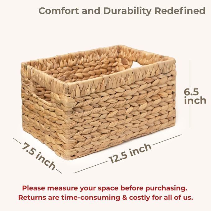 KOKODO Pack 3 Medium Wicker Storage Baskets with Handles, Stylish and Durable Water Hyacinth Rectangle Handwoven Basket Bin with Metal Frame & Handle for Room Organizing - Image 2