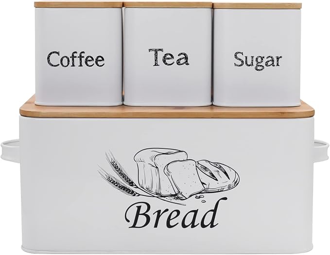 SOTECH Bread Box with 3pcs Jars Coffee Sugar Tea for Kitchen Countertop White Metal Bread Box with Bamboo Board Cover Pastry Storage Container Set Kitchen decor (white box with jars) - Image 7