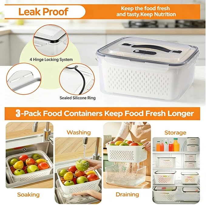2026 New 4 in 1 Food Storage Container, Fruit Storage Containers for Fridge, Including Drain Basket, Produce Storage Containers with Lid and Strainer (S+M+L) - Image 2
