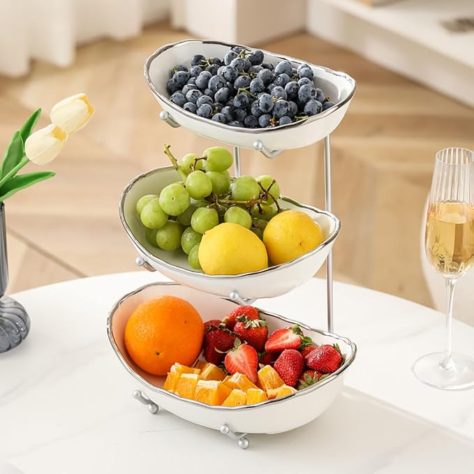 3-Tier Fruit Bowls for Kitchen Counter,Ceramic White Bowl with Sliver Metal Stand,3 Tier Fruit Basket for Fruit,Snack,Cake,Nuts,Dessert Storage - Image 7