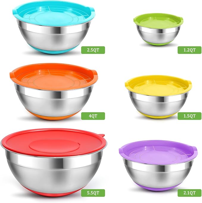 Mixing Bowls with Lids Set,10pcs Stainless Steel Mixing Bowls with Graters and Egg Whisk &Non-Slip Bottoms Food Prep Nesting Bowls for Baking, Cooking, Meal Storage(1.2QT-5.5QT) - Image 7