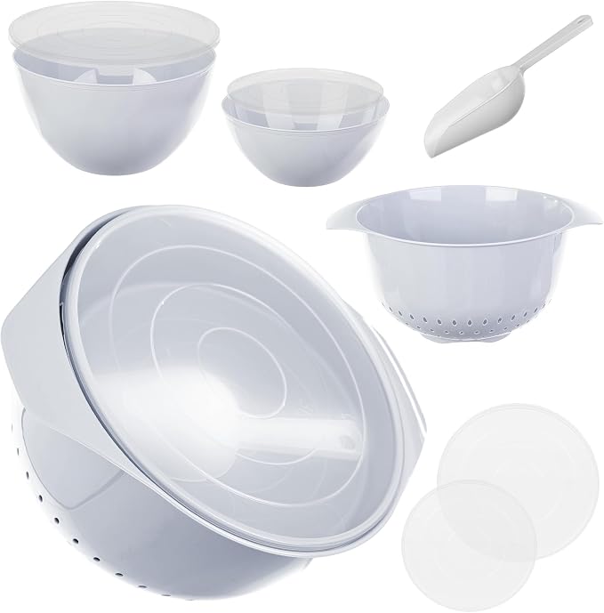 KADAX Plastic Bowl Set - Mixing Bowls with Lids 1.5L & 3L, Scoop & 3.5L Kitchen Strainer - Stackable Kitchen Accessories for Baking, Cooking, Washing & Storing by Unknown