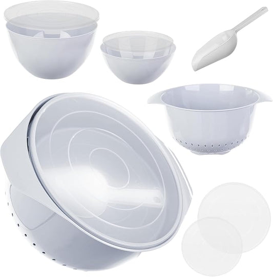 KADAX Plastic Bowl Set - Mixing Bowls with Lids 1.5L & 3L, Scoop & 3.5L Kitchen Strainer - Stackable Kitchen Accessories for Baking, Cooking, Washing & Storing by Unknown