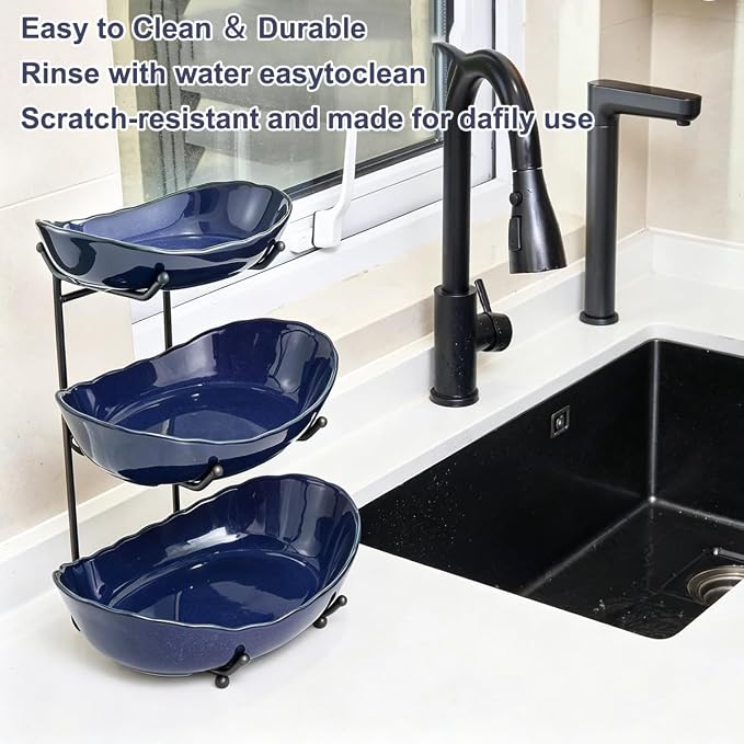 3 Tier Ceramic Fruit Bowl for Kitchen Counter | Tiered Fruit Basket for Countertop, Serving Tray for Food, Vegetable, Cake, Dessert in Party(Dark Blue) - Image 6