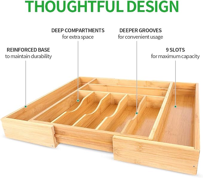 Aikang Bamboo Kitchen Drawer Organizer - Expandable Silverware Organizer/Utensil Holder and Cutlery Tray with Grooved Drawer Dividers for Flatware and Kitchen Utensils (Natural) - Image 3